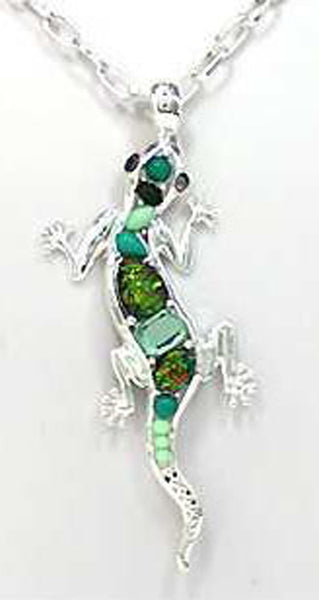 Green Lizard Hammered Epoxy Stone and Crystal 18" Necklace Set with Earrings Box by Jewelry Nexus
