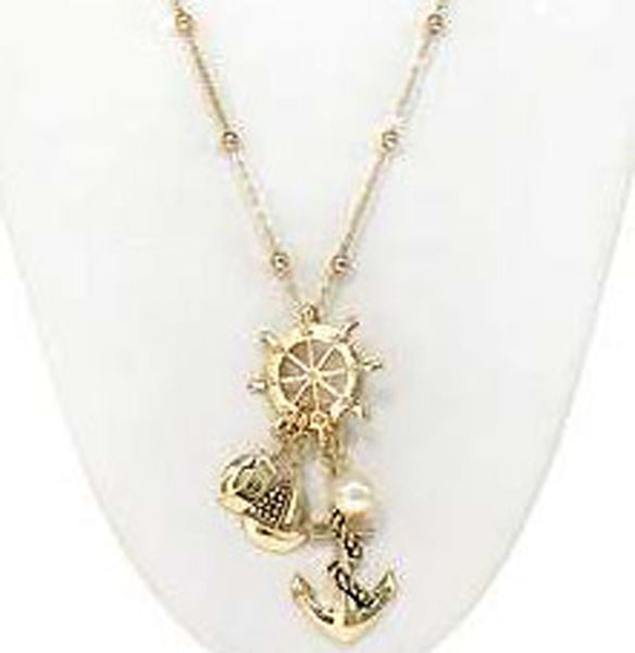 Nautical Anchor Cluster with Imitation Pearl 30" Necklace Set with Sailor cap Earrings