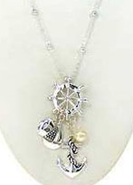 Nautical Anchor Cluster with Imitation Pearl 30" Necklace Set with Sailor cap Earrings