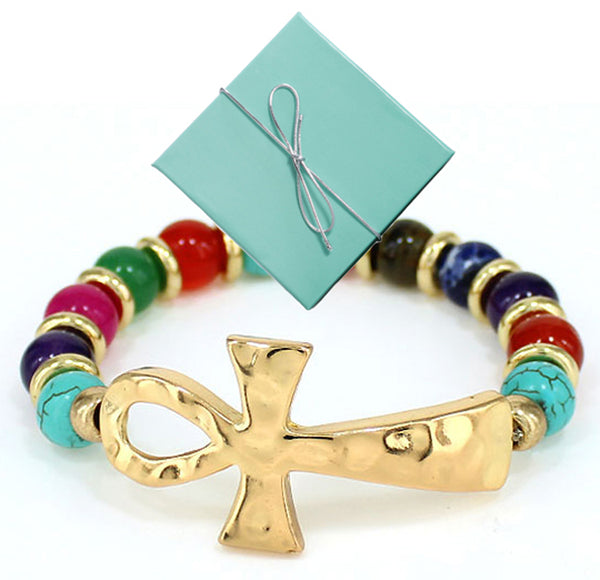 Hammered Ankh Cross Glass Bead Designer Stretch Gold-tone Bracelet - Jewelry Nexus