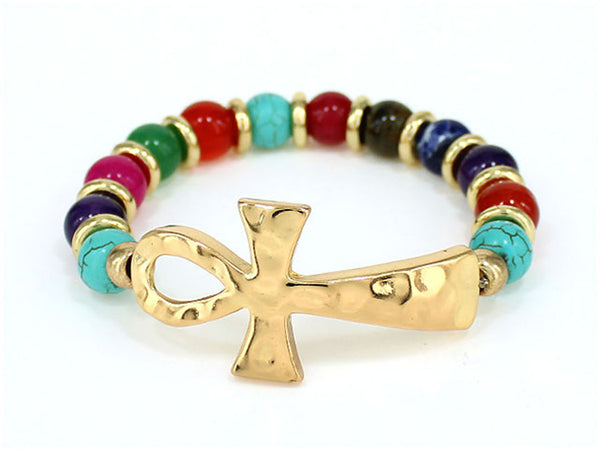 Hammered Ankh Cross Glass Bead Designer Stretch Gold-tone Bracelet - Jewelry Nexus