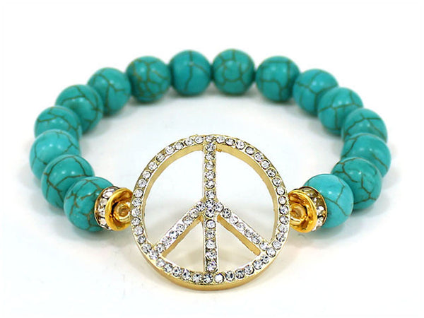 Gold-tone Peace Sign with & Bead Stretch Bracelet - Jewelry Nexus