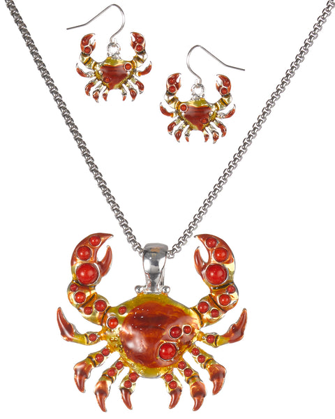 Multi Color Crab Theme Magnetic Function Pendant Necklace Set in 18" Popcorn Chain Matching Earrings