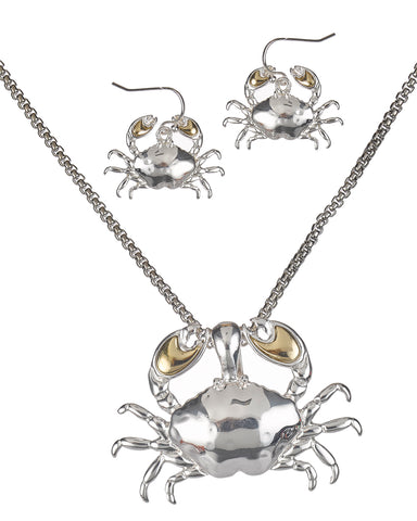 Two Tone Hammered Crab Necklace Magnetic Pendant Earrings & Popcorn Chain By Jewelry Nexus