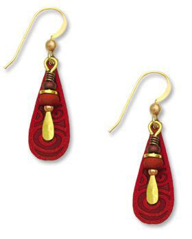 Deep Red Teardrop Gold Tone Plate Earrings Accent Beads Handmade in USA by Adajio Sienna Sky 7006