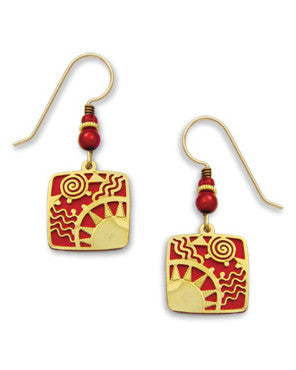 Adajio By Sienna Sky Red Square with Gold Tone Sunrise Filigree Overlay Earrings 7257