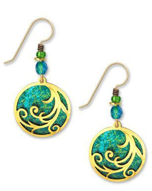 Adajio By Sienna Sky Rich Teal Disc with Gold Tone Plated Tendrils Dangle Drop Earrings 7339