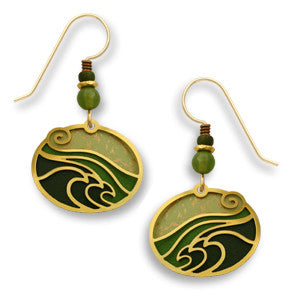 Moss Green with Gold Tone Plate Waves Overlay Earrings, Handmade in USA by Adajio Sienna Sky 7441