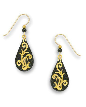 Coal Gray Sparkling Teardrop Gold Tone Plate Tendril Vine Overlay Earrings Handmade USA Adajio 7490