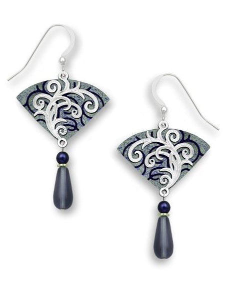 Gray Pewter Silver Tone Fan Hematite Tendrils Overlay Bead Drop Earrings Handmade in USA 7491
