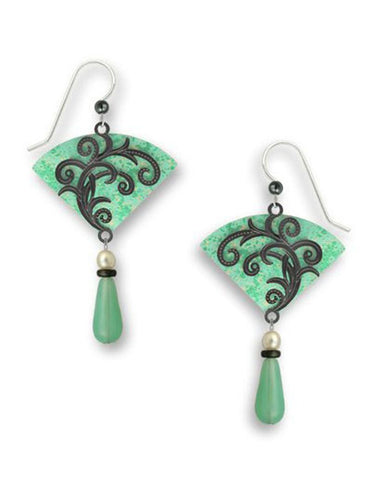 Mint Green Fan with Hematite Tendrils Overlay & Bead Drop Dangle Earring Made in USA 7505