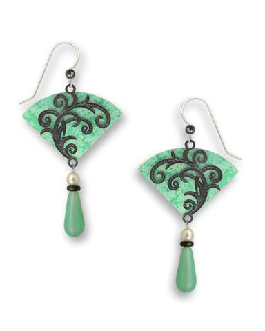 Mint Green Fan with Hematite Tendrils Overlay & Bead Drop Dangle Earring Handmade in USA 7505
