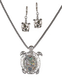 Green Abalone Turtle Pendant with a Wave Filigree Inlay & Matching Earrings Jewelry Nexus