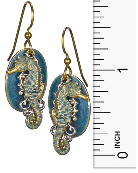 Layered Seahorse & Decorative Filigree Petal Over Oval Disc Earrings by Silver Forest