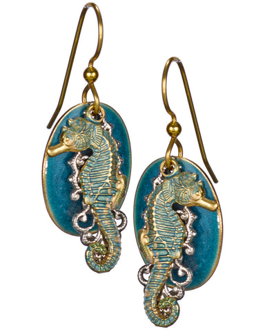 Layered Seahorse & Decorative Filigree Petal Over Oval Disc Earrings by Silver Forest