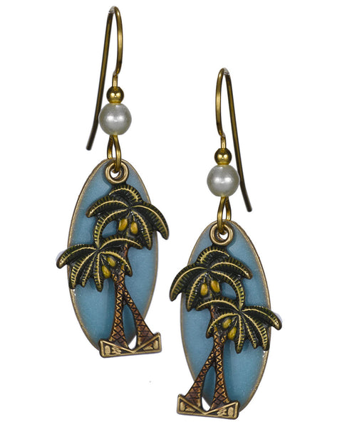 Bronze Crossing Palm Trees Layered over Oval Blue Background Dangling Earrings by Silver Forest