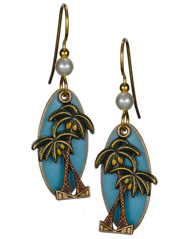 Bronzed Textured Palm Tree over Abalone Shell Blue & Green Background Earrings by Silver Forest