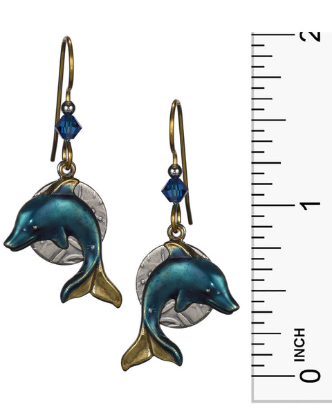 Blue & Bronze Dolphin Layered on Hammered Textured Disc Earrings - Silver Forest