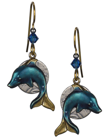 Silver Textured Sand Dollar Layered Over Blue Circular Disc Dangling Earrings by Silver Forest