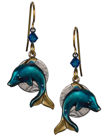 Bronzed Textured Dolphin Jumping Under Palm Tree & Blue Oval Disc Backdrop Earrings by Silver Forest