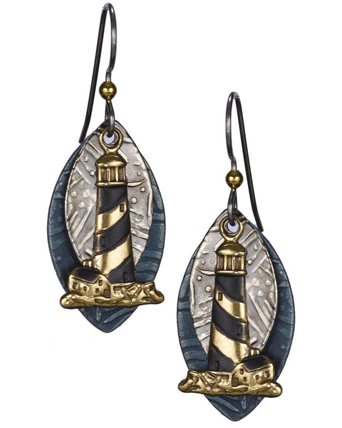 Bronze & Purple Lighthouse Earrings Layered over Textured Tear Drop Discs by Silver Forest