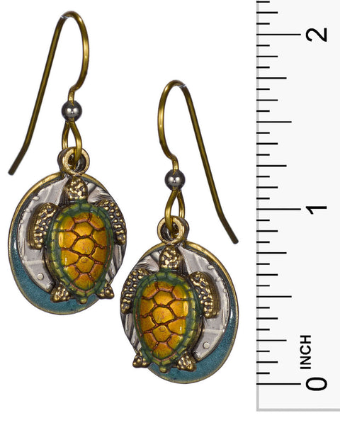 Turtle Layered over Hammered Textured Circular Blue Disc Earrings by Silver Forest