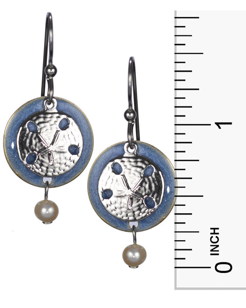 Silver Textured Sand Dollar Layered Over Blue Circular Disc Dangling Earrings by Silver Forest