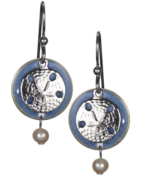 Silver Textured Sand Dollar Layered Over Blue Circular Disc Dangling Earrings by Silver Forest