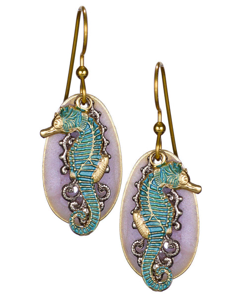 Layered Seahorse & Decorative Filigree Petal Over Oval Disc Earrings by Silver Forest