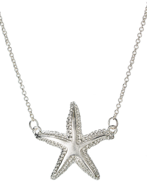 Silver-Tone Dangling Stipple Bump Starfish Pendant Charm Necklace by Jewelry Nexus