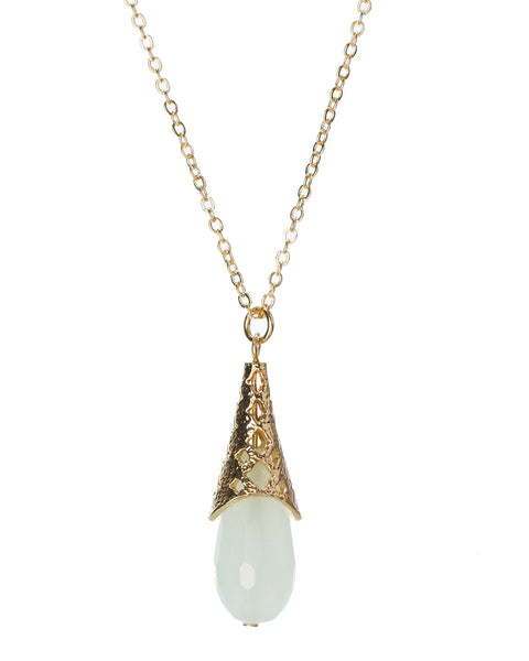 Gold-Tone Filigree Cream Glass Stone Tear Drop Stone Pendant Chain Necklace by Jewelry Nexus