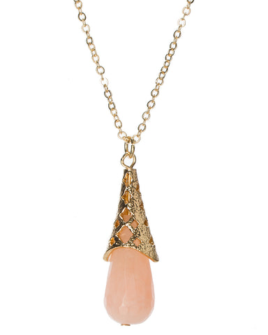 Gold-Tone Filigree Peach Coral Pink Tear Drop Stone Pendant Chain Necklace by Jewelry Nexus