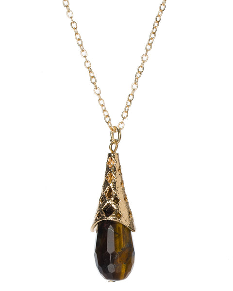 Gold-Tone Filigree Brown TigerEye Tear Drop Stone Pendant Chain Necklace by Jewelry Nexus