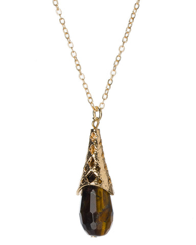 Gold-Tone Filigree Brown TigerEye Tear Drop Stone Pendant Chain Necklace by Jewelry Nexus