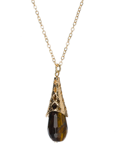 Gold-Tone Filigree Stone Tear Drop Pendant Chain Necklace by Jewelry Nexus