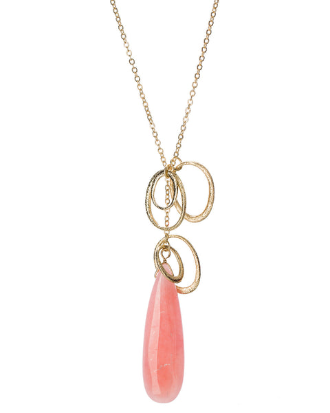Gold-Tone Long Tear Drop Chain Pink Peach Coral Stone Hoop Loop Necklace by Jewelry Nexus