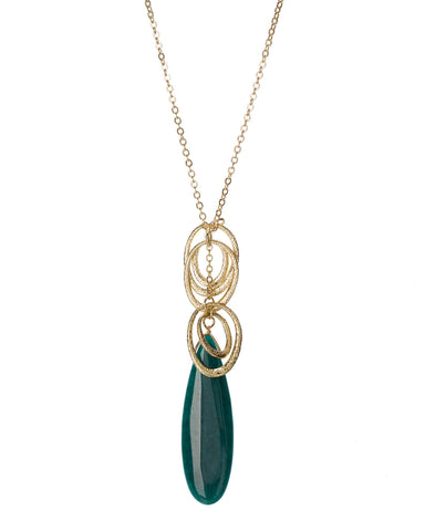 Gold-Tone Long Tear Drop Chain Teal Stone Hoop Loop Necklace by Jewelry Nexus