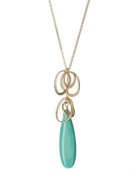 Gold-Tone Long Tear Drop Chain Blue Synthetic Turquoise Stone Hoop Loop Necklace by Jewelry Nexus