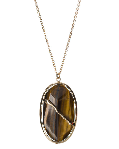 Gold-Tone Long Chain Oval Slash Natural Stone Necklace by Jewelry Nexus