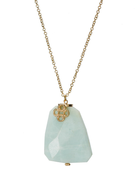 Gold-Tone Long Chain Four Petal Chunky Light Blue Glass Stone Necklace by Jewelry Nexus