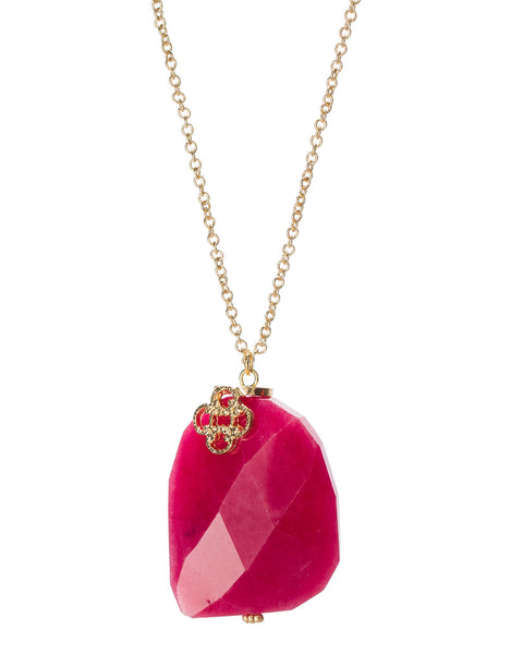 Gold-Tone Long Chain Four Petal Chunky Red Magenta Stone Necklace by Jewelry Nexus