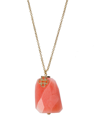 Gold-Tone Long Chain Four Petal Chunky Peach Pink Coral Stone Necklace by Jewelry Nexus