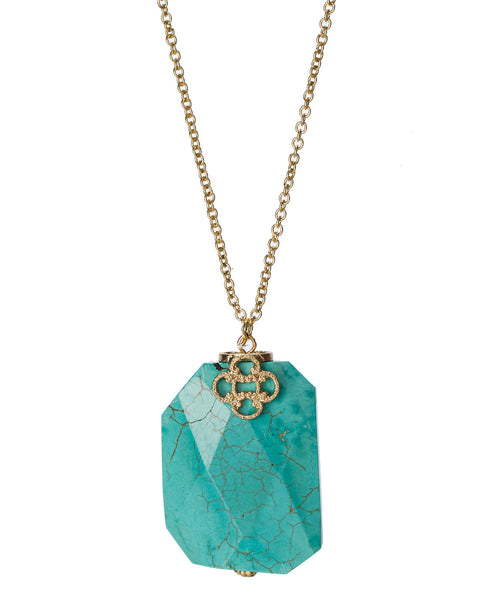 Gold-Tone Long Chain Four Petal Chunky Blue Synthetic Turquoise Stone Necklace by Jewelry Nexus