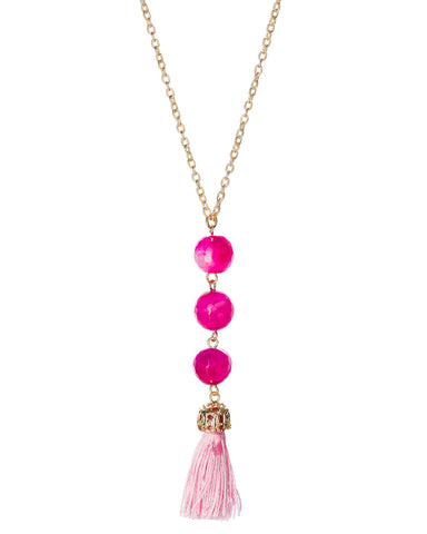 Gold-Tone Long Dangling Fuschia Pink Three Stone Beaded Necklace with Tassle by Jewelry Nexus