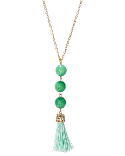 Gold-Tone Long Dangling Green Three Stone Beaded Necklace with Tassle by Jewelry Nexus