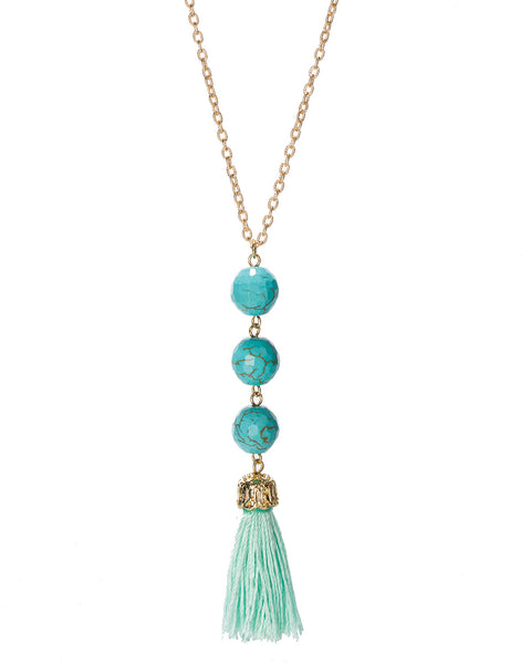 Gold-Tone Long Dangling Blue Synthetic Turquoise Three Stone Beaded Necklace with Tassle by Jewelry Nexus