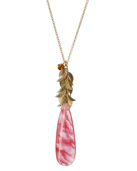 Gold-Tone Dangling Petals Long Tear Drop Chain Natural Stone Necklace by Jewelry Nexus