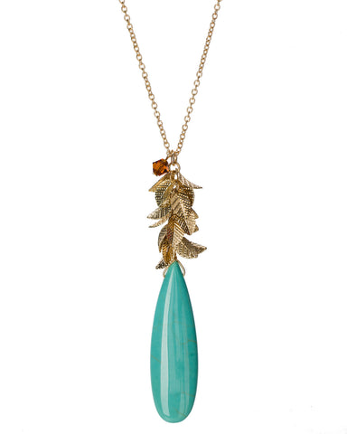 Gold-Tone Dangling Petals Long Tear Drop Chain Blue Synthetic Turquoise Stone Necklace by Jewelry Nexus