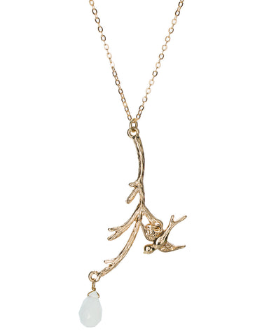 Gold-Tone Flying Bird on a Branch Dangling Pendant Chain Necklace by Jewelry Nexus