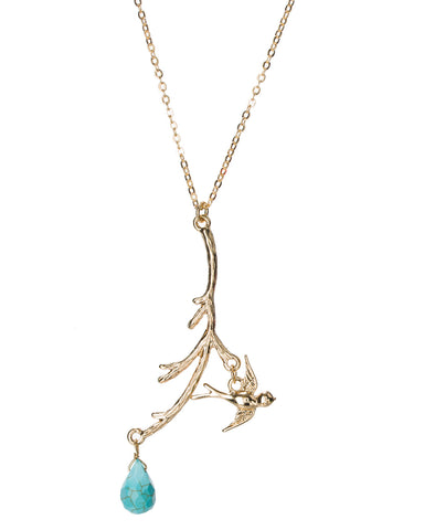 Gold-Tone Flying Bird on a Branch Dangling Pendant Chain Necklace by Jewelry Nexus